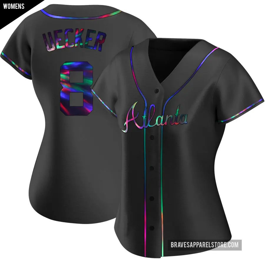 Women's Atlanta Braves ＃8 Bob Uecker Replica Black Holographic Alternate Jersey