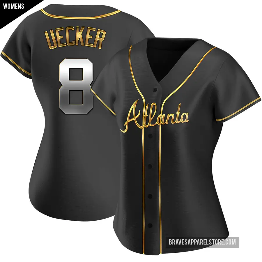 Women's Atlanta Braves ＃8 Bob Uecker Replica Gold Black en Alternate Jersey