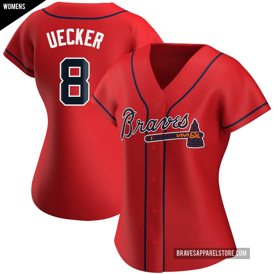 Women's Atlanta Braves ＃8 Bob Uecker Replica Red Alternate Jersey