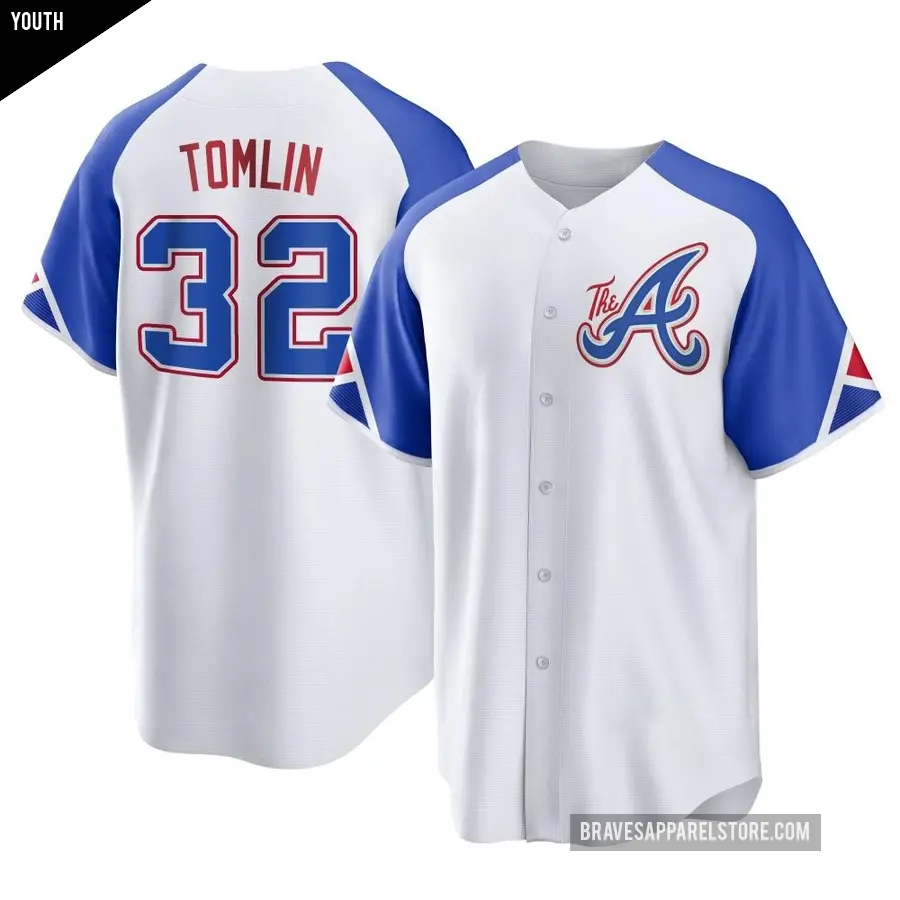 Youth Atlanta Braves ＃32 Josh Tomlin Replica White 2023 City Connect Jersey